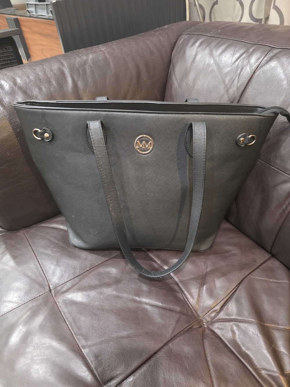 Marylin Monroe Black Saffiano Tote with Gold MM Medallion